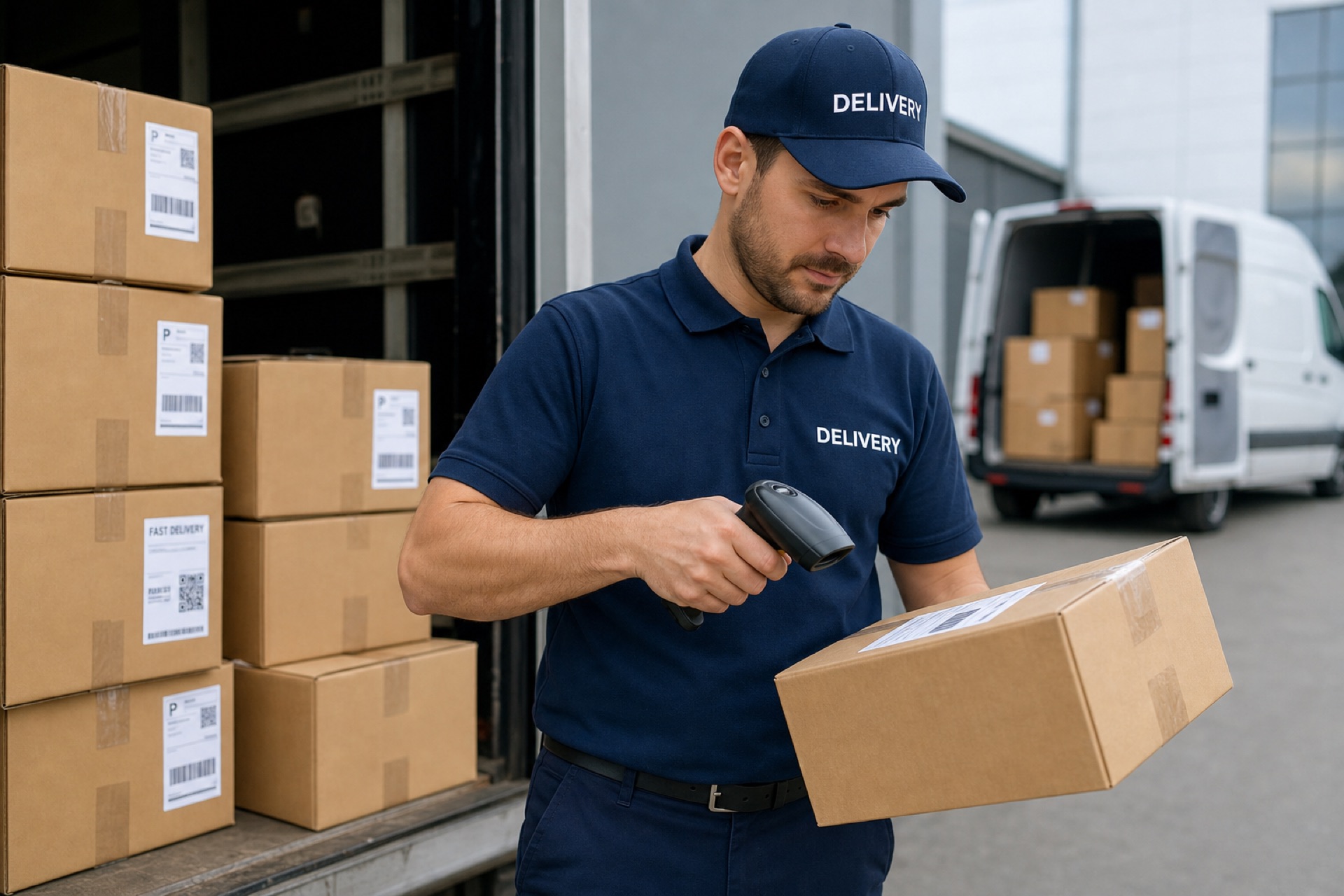 Courier scanning packages before delivery
