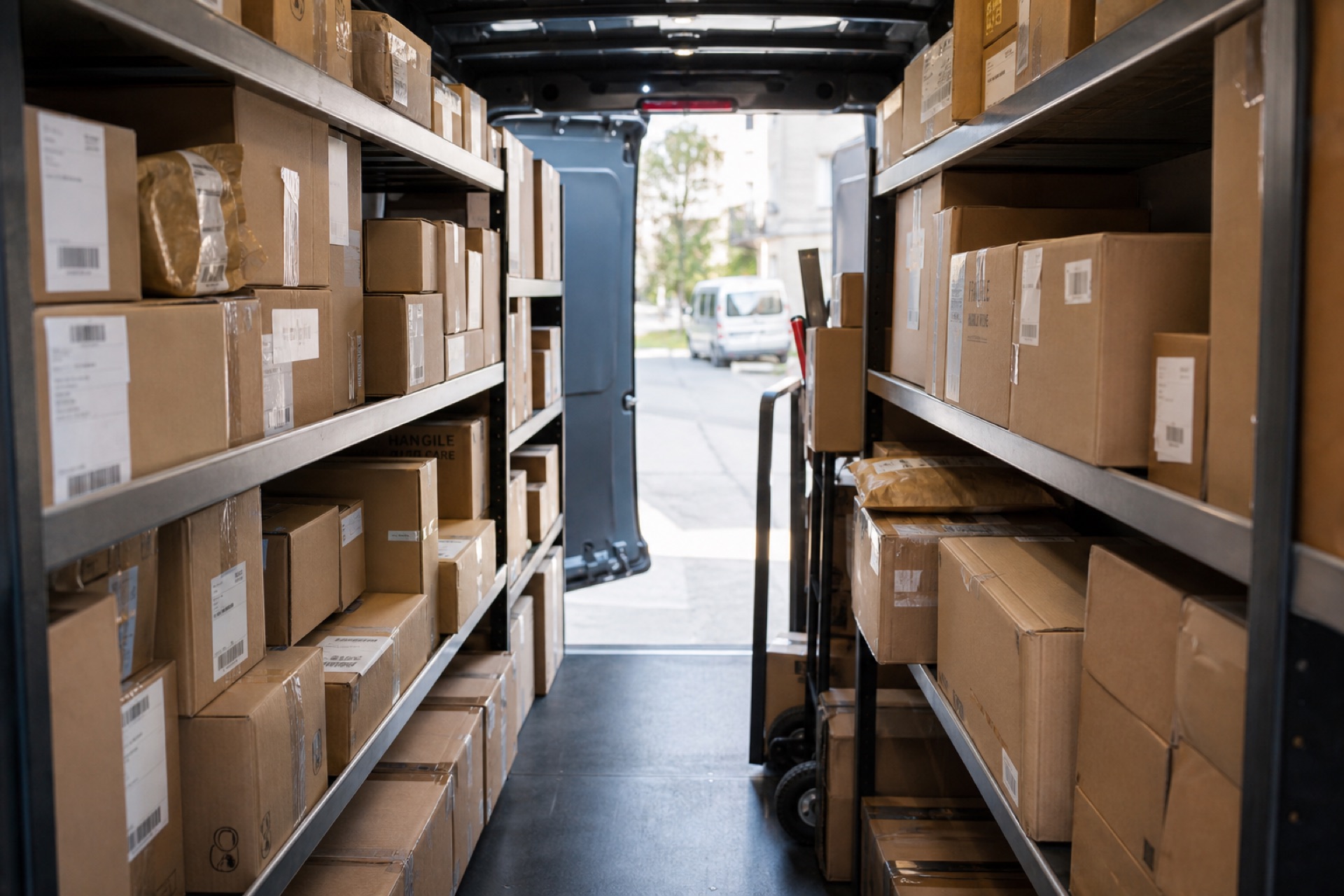 Packages organized inside a delivery van