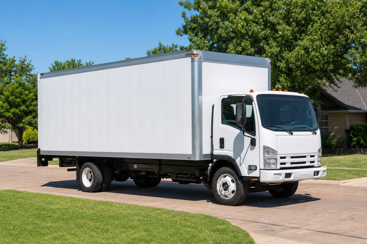 Box truck on a package delivery route