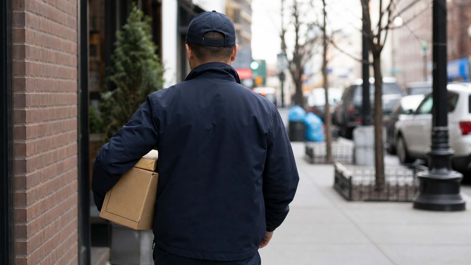 Courier walking with packages on a city delivery route