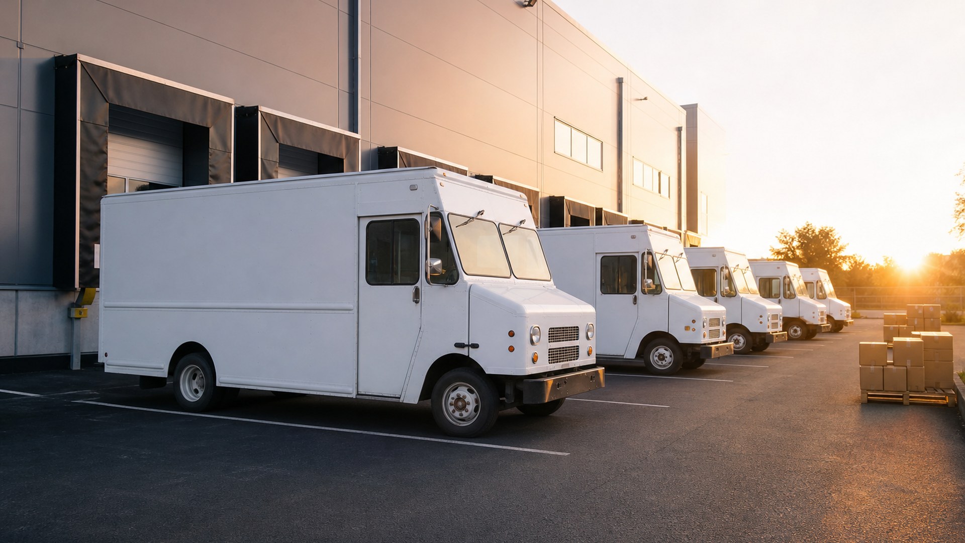 Fleet of unbranded white delivery vans at a warehouse terminal