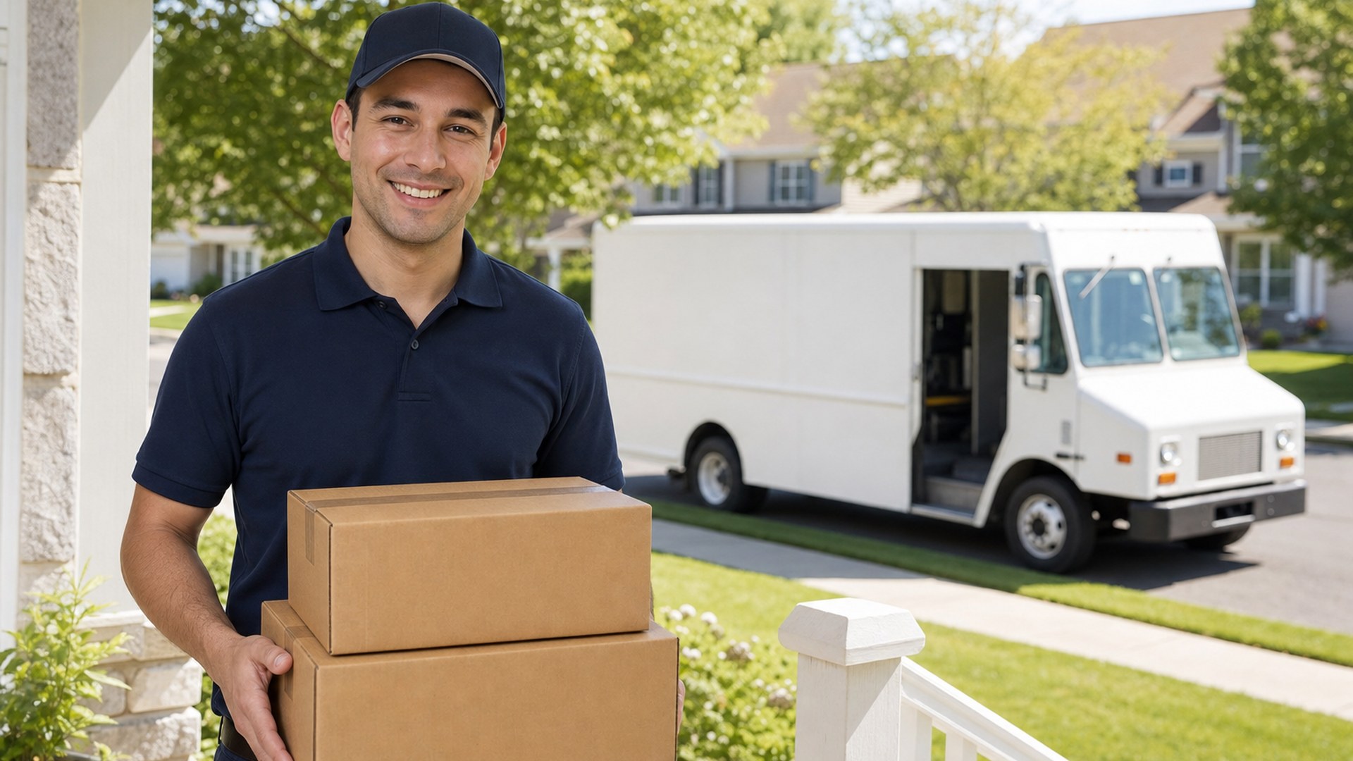 Driver delivering packages to a customer's front door