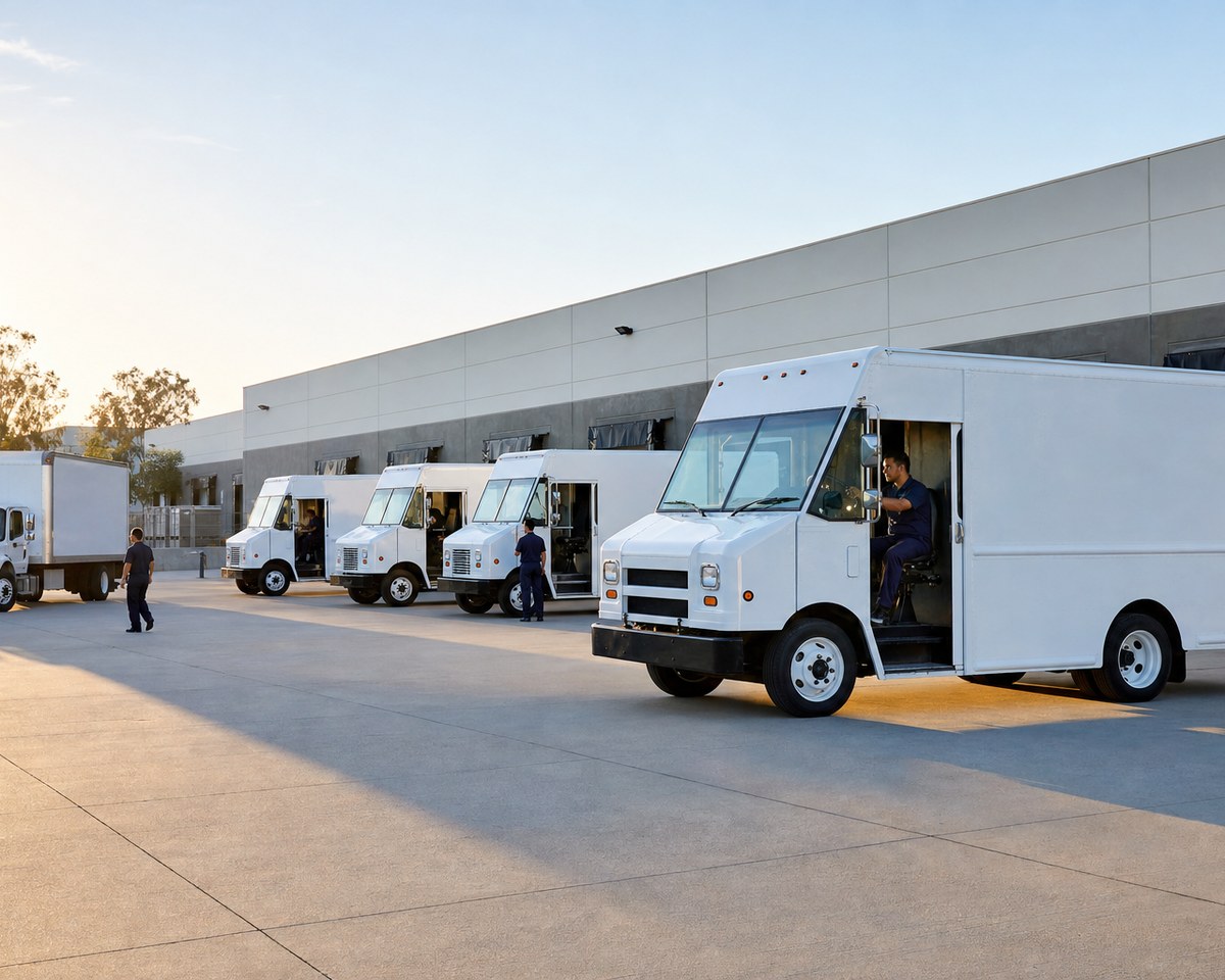 Delivery fleet and drivers at the terminal each morning